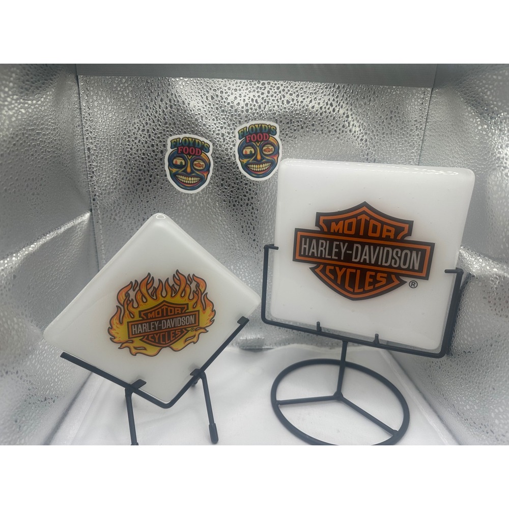 Harley-Davidson‎ Fused Glass Decorative Tiles with Stands Bar & Shield Flame 2pc